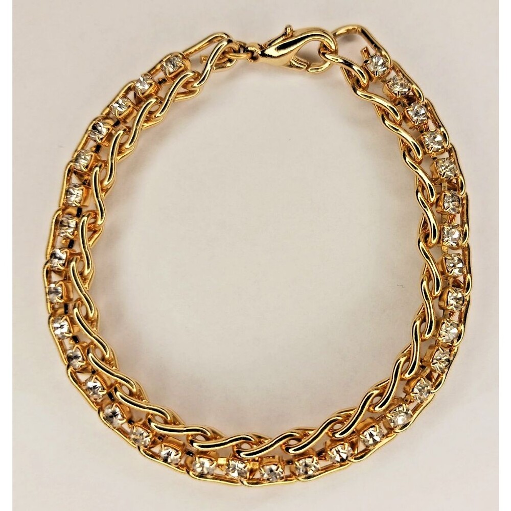 Vintage 7 Inch Gold Tone & Clear Rhinestones Tennis Link Bracelet Lobster Clasp